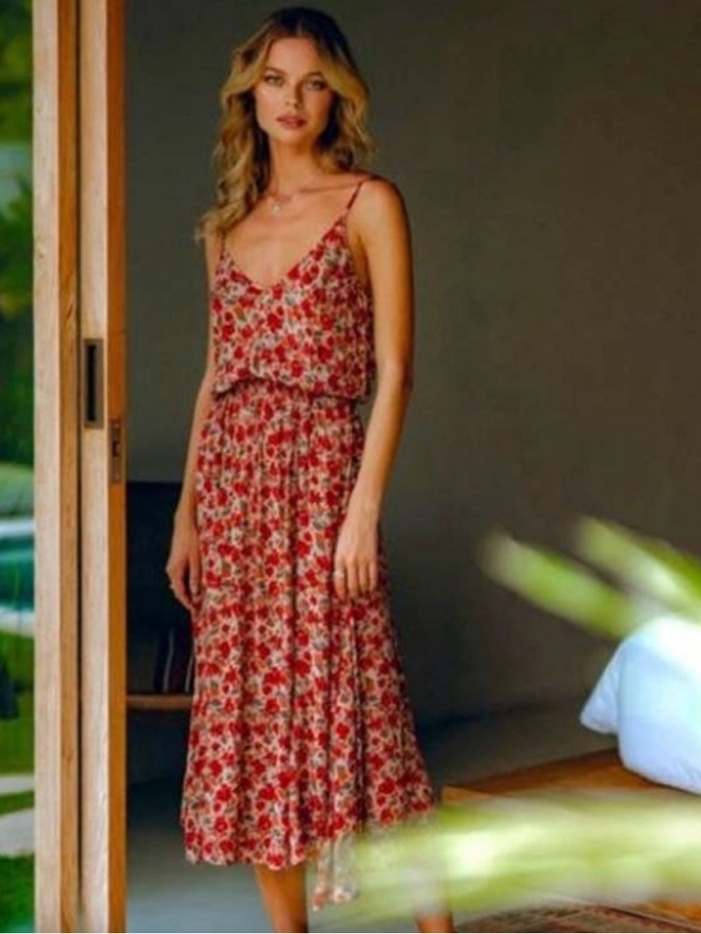 V-Neck Floral Maxi Dress in Rust and Beige